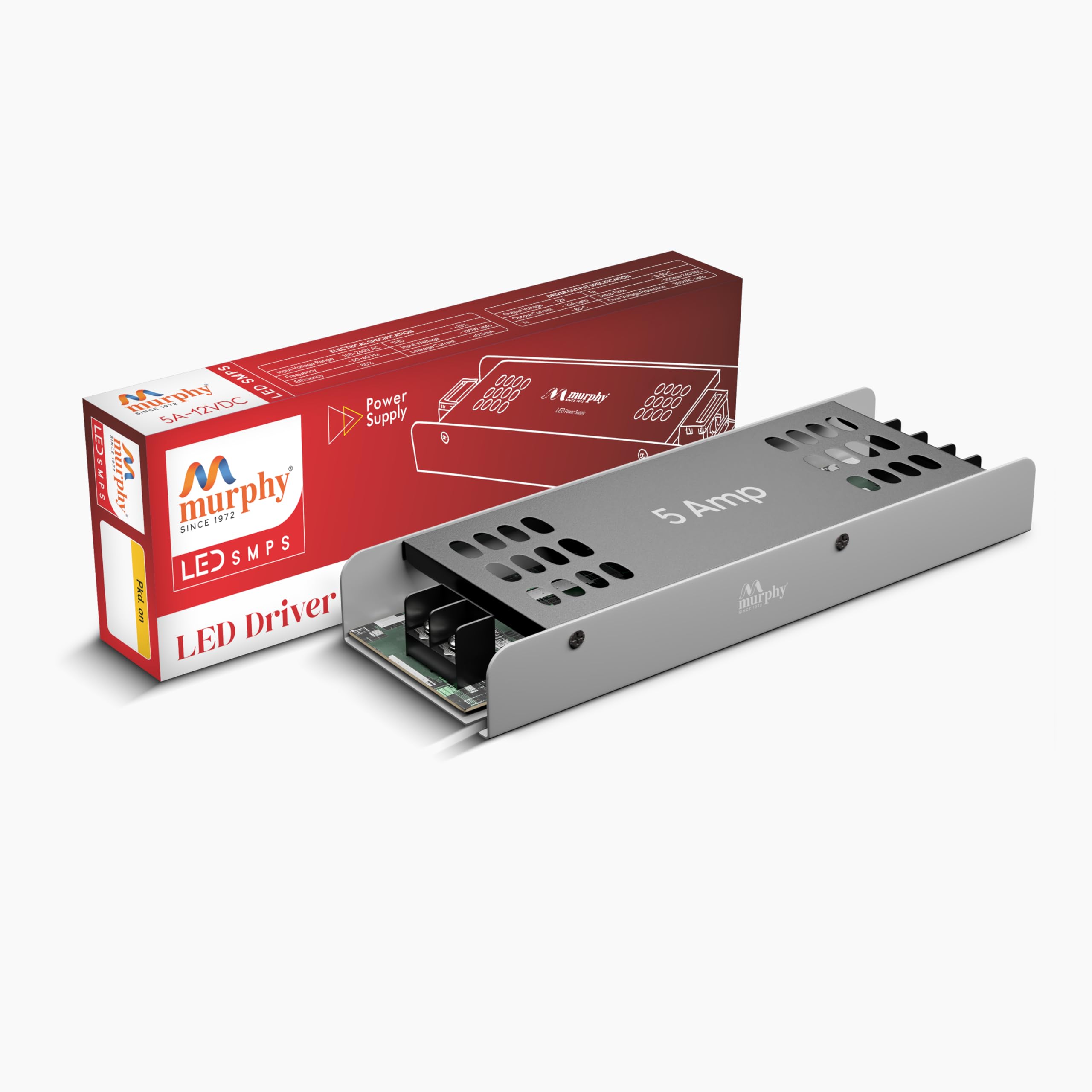 Murphy 12V 5A LED Driver SMPS for LED Strip Lights | 60W Constant Voltage Power Supply | Aluminium Body | BIS Approved | Pack of 1 | 1 Year Warranty
