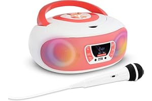 mooov 477409 CD Player Kinder Radio mit mikrofon für Karaoke-Funktion, USB Port - Kinderradio Tragbar mit Griff Lichteffekte - Netzbetrieb oder Batteriebetrieb - Rosa/Weiß
