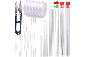SUVSOON 43 Pcs Beading Needles Set, 20 Pcs/4 Sizes Long Straight Beading Needle, 12Pcs/4 Sizes Big Eye Beading Needles, 0.6mm/6 Rolls Elastic String and Threaders for Jewelry Bracelet Necklace Making