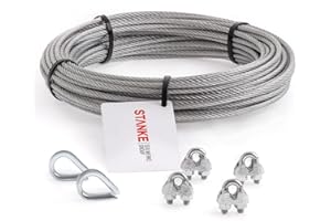 Seilwerk STANKE Câble d’acier galvanisé 20m diamètre 8mm 6x19, 2x Cosse-cœur, 4x Serre-câble à étrier - SET 1