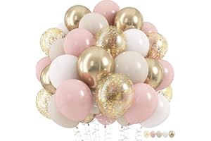 HILAVO Dusty Pink and Gold Balloons Set, 60Pcs 12 Inch Retro Blush Pink White Sand Beige Metallic Gold Latex Balloon with Gold Confetti Boho Balloon for Birthday Baby Bridal Shower Wedding Party Decorations