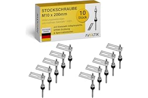 Avoltik Stockschrauben Edelstahl M10 x 200 mm mit Adapterblech I 10 Stück I wetterfeste M10 Stockschrauben mit Dichtung & Sperrzahnmutter