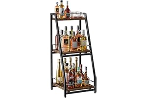 Nuovoware 3-Tier Stepped Liquor Cabinet Mini Bar, Wine Rack Freestanding Floor for Whiskey, Corner Liquor Bottle Display Shelf with Fences and Slide Drawer for Home Kitchen Dining Living Room, Black