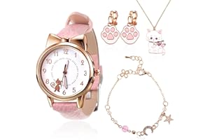 wlertcop 4 Pieces Children Watches Girls Age 5-16, Kids cat Watch Cartoon Quartz Leather Watches Beaded Charm Chain Bracelets Cute Cat Necklace, Cartoon Cat Ear Clip for Birthday Gift or Back