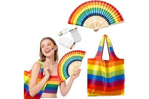 Moerstar Ensemble d'accessoires Gay Pride Rainbow avec peinture pour visage arc-en-ciel, éventail pliable et réutilisable, sac d'épicerie, accessoires de fête LGBT