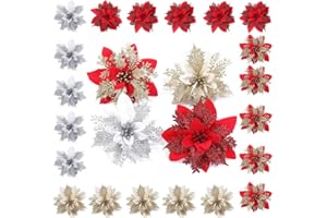 GUKASXI Flores navideñas 24 Piezas Flores de Navidad Boda de Artificial de Purpurina de Nuevo Deseo de Festivo Poinsettia Purpurina Adorno de Árbol de Navidad Glitter Poinsettia Adornos Florales