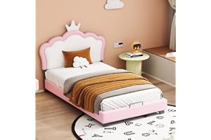 MOIMHEAR Kinderbett Polsterbett 90x200cm Mit Lattenrosten und Rückenlehne, Mädchenbett Mit Kronenformung, Rosa (90x200cm)