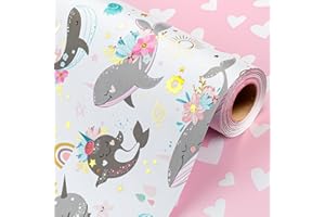 Wikadlik Rotolo di carta da regalo per baby shower, motivo squalo e cuore, per compleanni, neonati, feste, ragazzi e ragazze, 43 cm x 10 m
