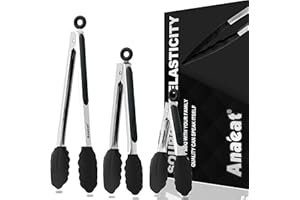 Anaeat Non-Stick Silicone Locking Tong Set of 3 - Stainless Steel 7", 9", 12" Kitchen Food Tongs with Non-Slip Silicone Tips and Grip for Cooking, Baking and BBQ - Heat Resistant up to 480°F (Black)