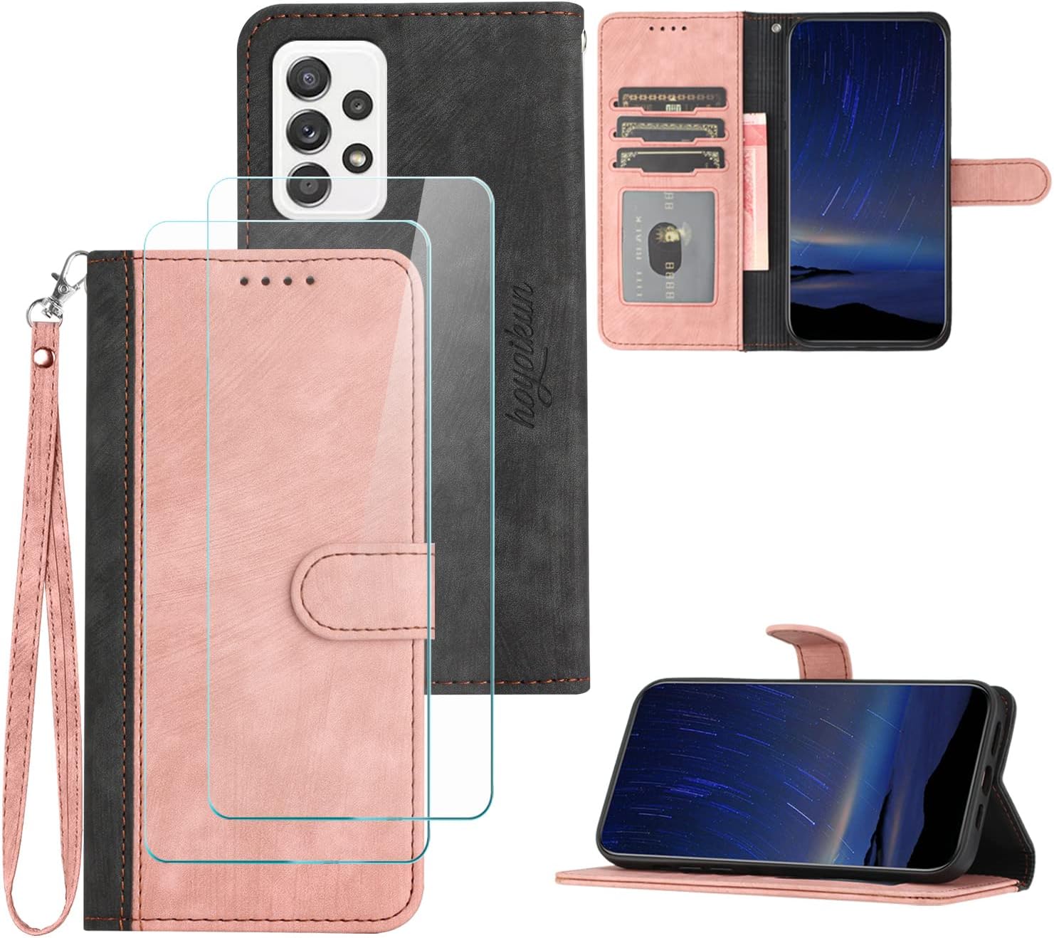 Hoyoikun Funda Compatible con Samsung Galaxy A53 5G,Regalar 2 Piezas Protector de Pantalla.Flip Leather Edition,Funda de Cuero PU con Cáscara de TPU,[Soporte Plegable] [Cierre magnético]-Rosa