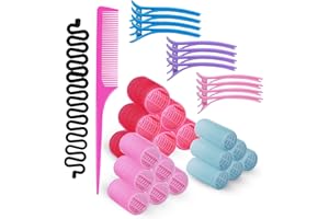 Rollicky Hair Rollers Set (32Pcs) - 18 Self Grip Velcro Hair Rollers for Long & Short Hair Volume & Styling (44+30+25mm), 12 Duckbill Hair Clips, 1 Braider & 1 Comb