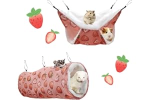 DiiWmme 2-Pack Soft Hamster Hammock Set, Plush Hammock and Tunnel for Guinea Pigs, Ferrets and Other Small Pets, Cage Accessory for Hiding, Playing and Sleeping (Green Avocado) (Strawberry)