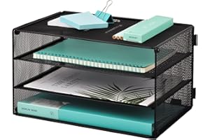 EASEPRES 3 Tier Office Desk A4 Paper Letter Organiser Tray, Mesh Office Tray for desk, Desktop Filing Document Trays Holders, Wire File Storage Rack, Metal Desk Paper Tidy Organizer, Black