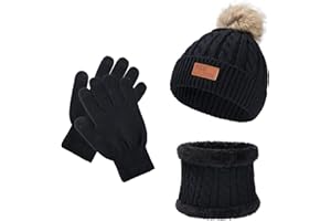 HOLEMZ Gants D'écharpe de Chapeau d'hiver pour Enfants Bonnet d'hiver Thermique Bébé Cache-Cou épaissir Extensible Gants pour Ski Snowboard Noir