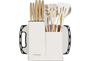 Cooking Utensils Set with Chopping Board – Knife Set with Block – Heat Resistant Silicone Utensils with Wooden Handle, Spoons, Ladles & Spatula – Kitchen Tools & Accessories – 17pcs, Cream – by Nuovva