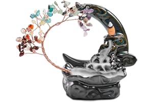 ZONSUSE Brucia Incenso Luna con Albero di Cristallo, Brucia Incenso a Riflusso con Cristalli Chakra, Porta Incenso Ceramica Luna, per Yoga Meditazione Decorazione Aromaterapia Regalo (Moon Chakra)