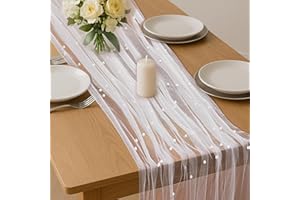 LIQWEI Tischläufer Tüll mit Perlen, 75 x 300cm Perlenspitze Tischdecke Weiß Spitzen Tüllstoff Netz Tischband Tischdekoration für Hochzeit Brautparty Geburtstagsfeier Hochzeitsbogen(Weiß)