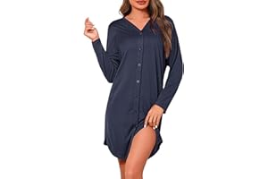 Crewhpo Camicia da Notte Donna Cotone Camicie Notte a Maniche Lunghe Comodo Vestaglia Ospedale Scollo a V Pigiama Aperta Davanti con Bottoni S-XXL