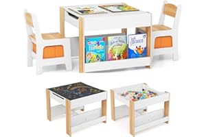 Maxmass 4 in 1 Toddler Table and Chair, Wooden Children Activity Table with Dual-sided Tabletop, Storage Bins, 3 PCS Kids Desk and Chair for Learning Playing Drawing (White+Natural, 61x61x48cm)