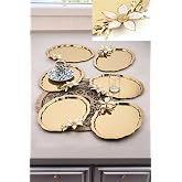 Ahir Ticaret 6 Adet Oval Papatya &Ccedil;i&ccedil;ekli Kahve-&Ccedil;ay Servis Ve Sunum Tepsisi 25X20 Cm, Gold