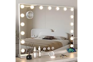 DRADAOMULL Specchio Trucco con Luci, Specchio Hollywood da Tavolo con 17 Lampadine LED, 3 colori di illuminazione, Specchio da trucco con USB e ingranditore 10x, Installazione su tavolo e a parete - 70*55cm