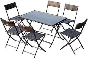 Outsunny Conjunto de Muebles de Jardín Plegable Juego de Muebles de Jardín de Ratán de 7 Piezas Mesa y 6 Sillas para Exterior Patio Terraza Acero Color Marrón