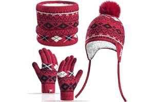Yaopelky Set invernale da 3 pezzi per bambini con cappello foderato in pile ghetta guanti per 3-8 anni con pompon caldo Fair-Isle touch screen scuola neve uso esterno
