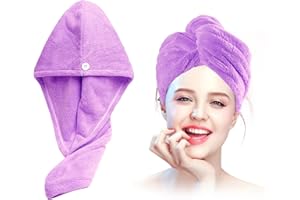 Xkzhrr Hair Turban, Pack of 2 Button Hair Turban, Turban Hair Drying Towel with Button, Head Scarf Towel for Long Hair, Super Absorbent, Quick Drying Microfibre Towel (Purple)