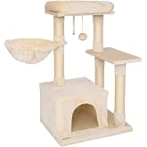 Lionto Tree Scratching Post with Cave, Bed and Hammock, 85 cm, Beige | Compact tree with hammock, ball, cave and platform for
