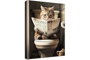 HALFLEMART Gatto divertente Quadri Moderni Quadro Moderno Gattino Gatto Leggere il giornale sulla toilette Stampa su Tela Con Cornice Pittura Quadri su tela Decorazioni da Parete Soggiorno Bagno 30x40cm