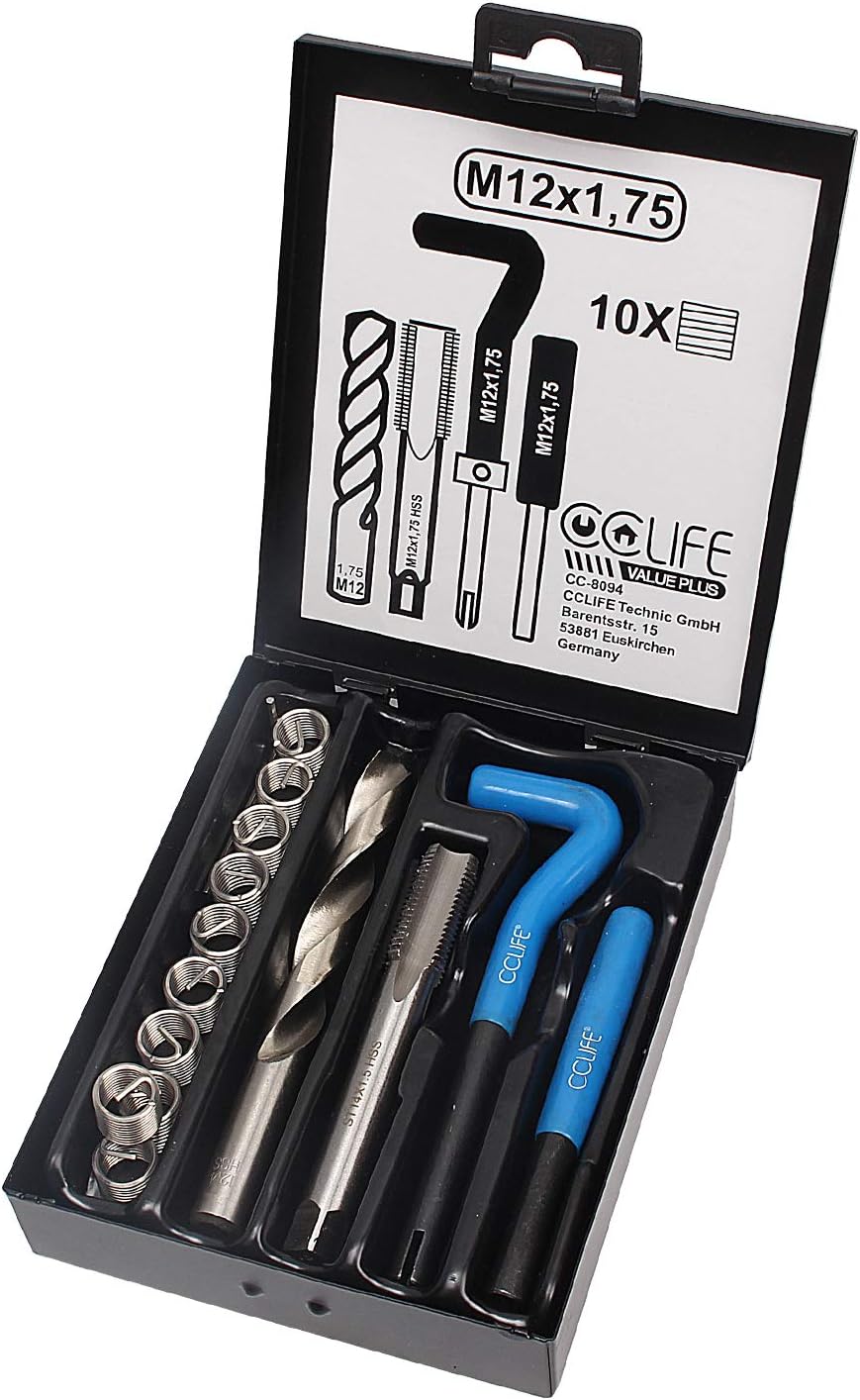 CCLIFE Juego de reparación de roscas M5 M6 M8 M10 M12 M14 kit reparacion roscas helicoidales helicoil kits, Tamaño:M12 X 1,75