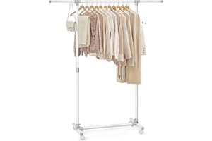 SONGMICS Perchero con Ruedas, Burro para Ropa, Altura Ajustable 97-165 cm, Barra Extensible, Ganchos Laterales para Accesorios, Blacno LLR001W01