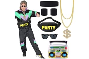 CEFUNIS 80s 90s Shell Suit Costume Set for Women Men, 1980s Fancy Dress Costume Fashion Retro Tracksuit 80s Outfit Set with Headband Wristband Necklace Hip Hop Rapper Dress Up for Carnival Party