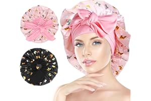 Arqumi Silk Bonnet - 2PCS Large Silk Hair Wrap for Sleeping Adjustable Satin Bonnet Hair Bonnet Sleep Cap with Elastic Stay On Head for Long Curly Thick Black Hair for Women Hair Care Black&Pink
