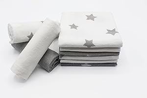 ‎CLEVERE KIDS BABY-COLLECTION Clevere Kids saugstarke Spucktücher | Flanell Sterne hellgrau | 38x38 | Babytücher | Oeko-TEX (9er Pack 38x38 cm)