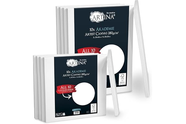 Artina Akademie Set de 10 Canvas Toile à Peindre 5x 30x40 cm & 5x 20x20 cm – Châssis entoilés en Bois certifiés FSC – Toile Peinture Blanche de 100% Coton - 280g/m² - Toile Stable et sans Acides