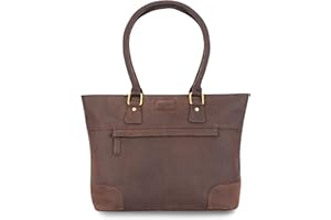 Leabags Bolso de Mano para Mujer | Bolso Bandolera de Cuero Genuino Premium | Bolso de Hombro | Bolso de Mano para Trabajo, Universidad, Escuela, Tiempo Libre | 42x30x13 cm | Marrón Oscuro Natural