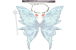 JIAHUADE Ailes de Fée Enfant,Ailes de Papillon,Ailes de Fée Adulte, Oreilles d'Elfe,Bandeau de Fée Et Baguettes de Fée Étoile, Cosplay, Fête d'anniversaire,Costume d'Aile pour Carnaval ou Soirées (Argent)