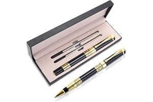 Amaxiu Stylo à bille de luxe en métal de 1 mm avec coffret cadeau et 2 recharges d'encre noire à pointe moyenne, stylo à bille fantaisie pour homme et femme, signature (noir)