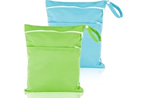 Heyu-Lotus 2 Packs Wet Bag, Waterproof Wet Dry Bags Reusable Washable Cloth Diaper Bags Nappy Bags with Double Zipper Pockets for Baby Items Wet Clothes Swimming Gym Pool Beach Bag(Blue+Green)