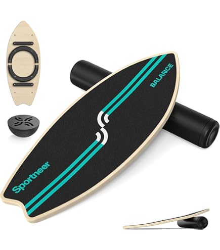 COSTWAY Balance Board van hout, balansbord, balanstrainer, trickboard voor thuis, incl. kurkrol, balansbord uit 8 hoogwaardige houtlagen geperst