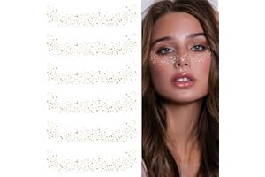 AOZUO 6 arkuszy Samoprzylepne naklejki na twarz, brokatowe piegi, tatuaże Flash Naklejki na twarz dla dziewcząt i młodych kobiet na wakacje na wakacje Karnawałowe Impreza festiwalowa (złoto-B)