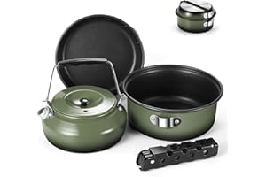 Odoland 5pcs Camping Cookware Mess Kit, Non-Stick Lightweight Pot Pan Kettle Set with a removable handle - Perfect for Backpacking, Camping, Hiking, and Picnic
