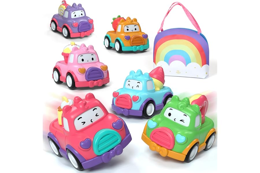 Lehoo Castle Toddler Toys for 1 Year Old Girls, Gifts for 1 Years Old Girl, Pull Back Cars Baby Toy 1 2 3 Year Old, Dessert Car Toys with Rainbow Bag 7 PCS