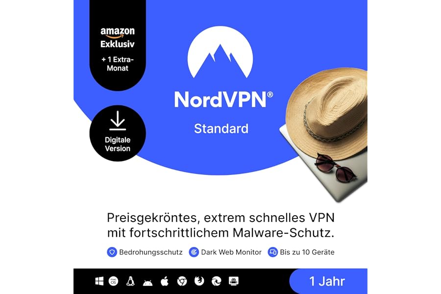NordVPN Standard, Amazon Exklusiv, 10 Geräte, 1-Jahr + 1 Extra-Monat, Digitaler Code