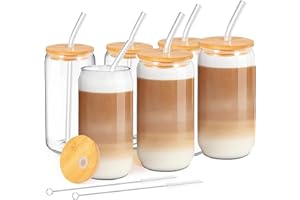 MEIMUCUL Bicchiere Vetro con Cannuccia,Bicchieri da Bere con Coperchio e Cannuccia,6PCS Tazze in Vetro a Forma di Lattina,500ml Tazza da Caffè Ghiacciata, Per Cocktail,Frullato,Soda,Casa,Feste