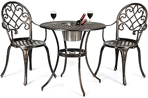 COSTWAY 3-TLG. Gartenmöbel Set, Bistrotisch mit 2 Stühlen, Bistroset mit abnehmbarem Eiskübel, Balkonset, Balkonmöbel aus Aluminiumguss, Terrassenmöbel, Gartengarnitur für Terrasse, Balkon, Garten
