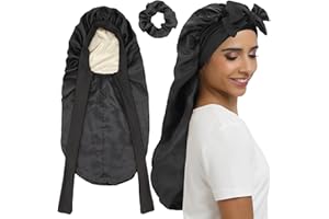 SENGTERM Long Bonnet Satin Cheveux Nuit - Couche Double Bonnet en Soie pour Femmes aille de tête Ajustable Bonnet de Nuit pour Cheveux bouclés