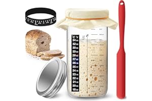 Artcome Kit de tarro de inicio de masa madre – Tarro de inicio de masa madre de 24 onzas con tapa, banda de alimentación marcada con fecha, raspador de silicona, cubierta de tela y banda de termómetro