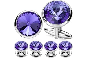 Ensemble boutons de manchette et goujons Hawson pour smoking - Couleur argentée avec des cristaux Swarovski hématite, bleu foncé, cristal, gris, violet et vert